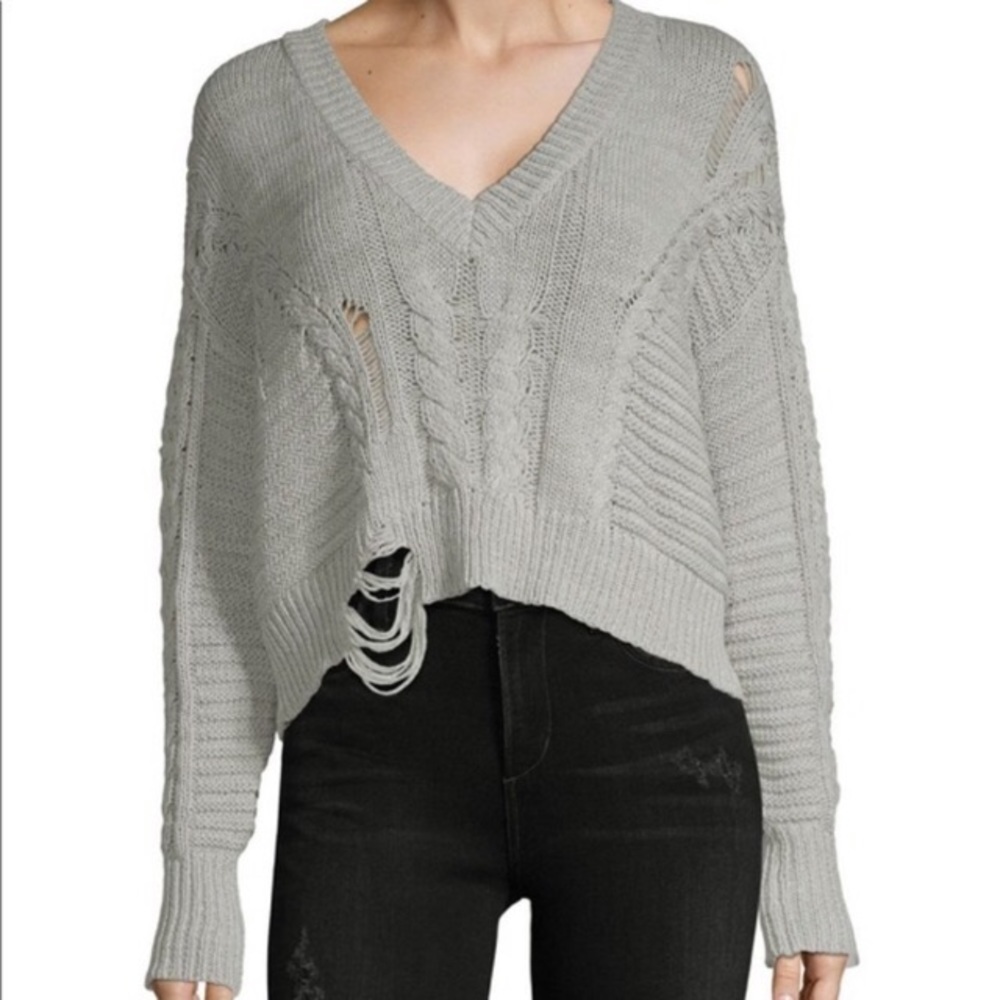 Wildfox Distressed Rib Knit V-neck Gray Sweater